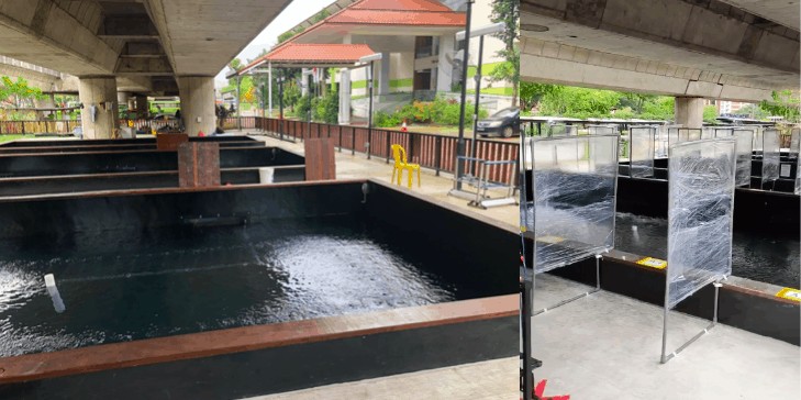 prawning pool with social distancing partitions