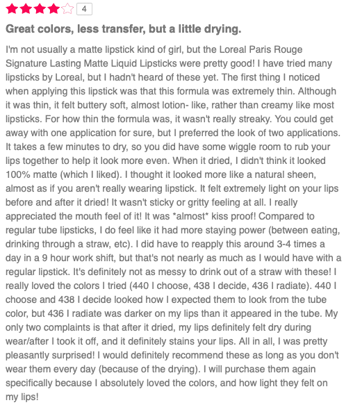 Review for L'Oreal rouge signature lightweight matte lipstain