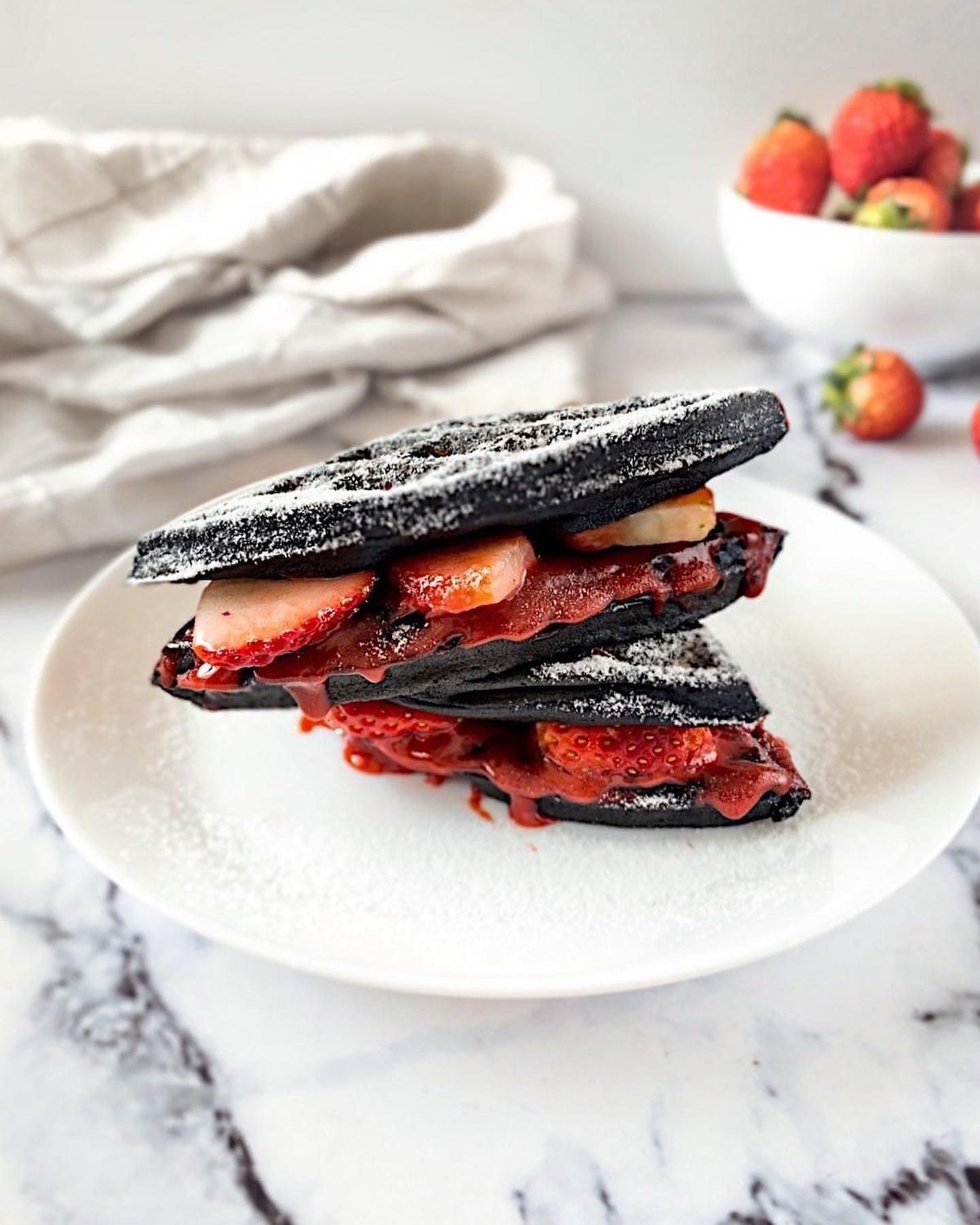 bar bites dessert strawberries cream mochi charcoal waffle